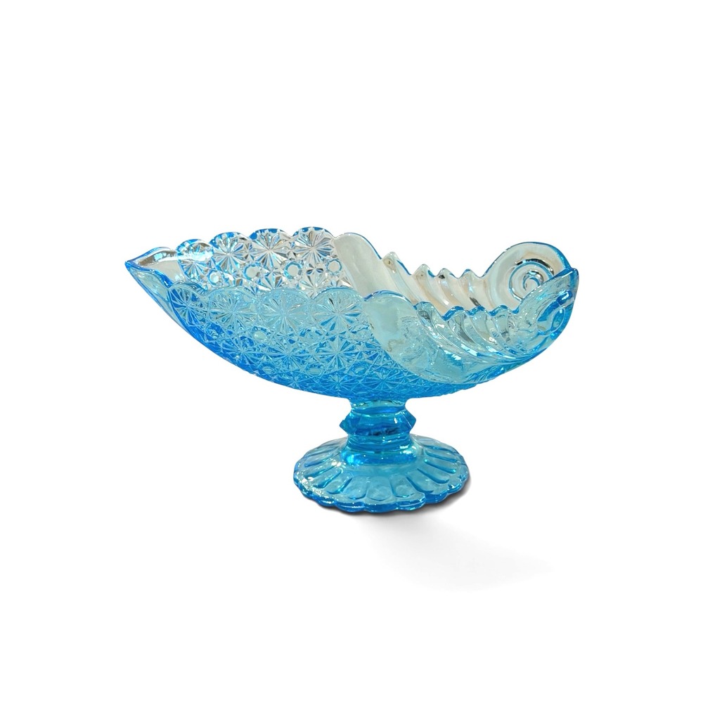 L.G. Wright Daisy & Button Aquamarine Blue Glass Pedestal Bowl 11.75 Oval Bowl
